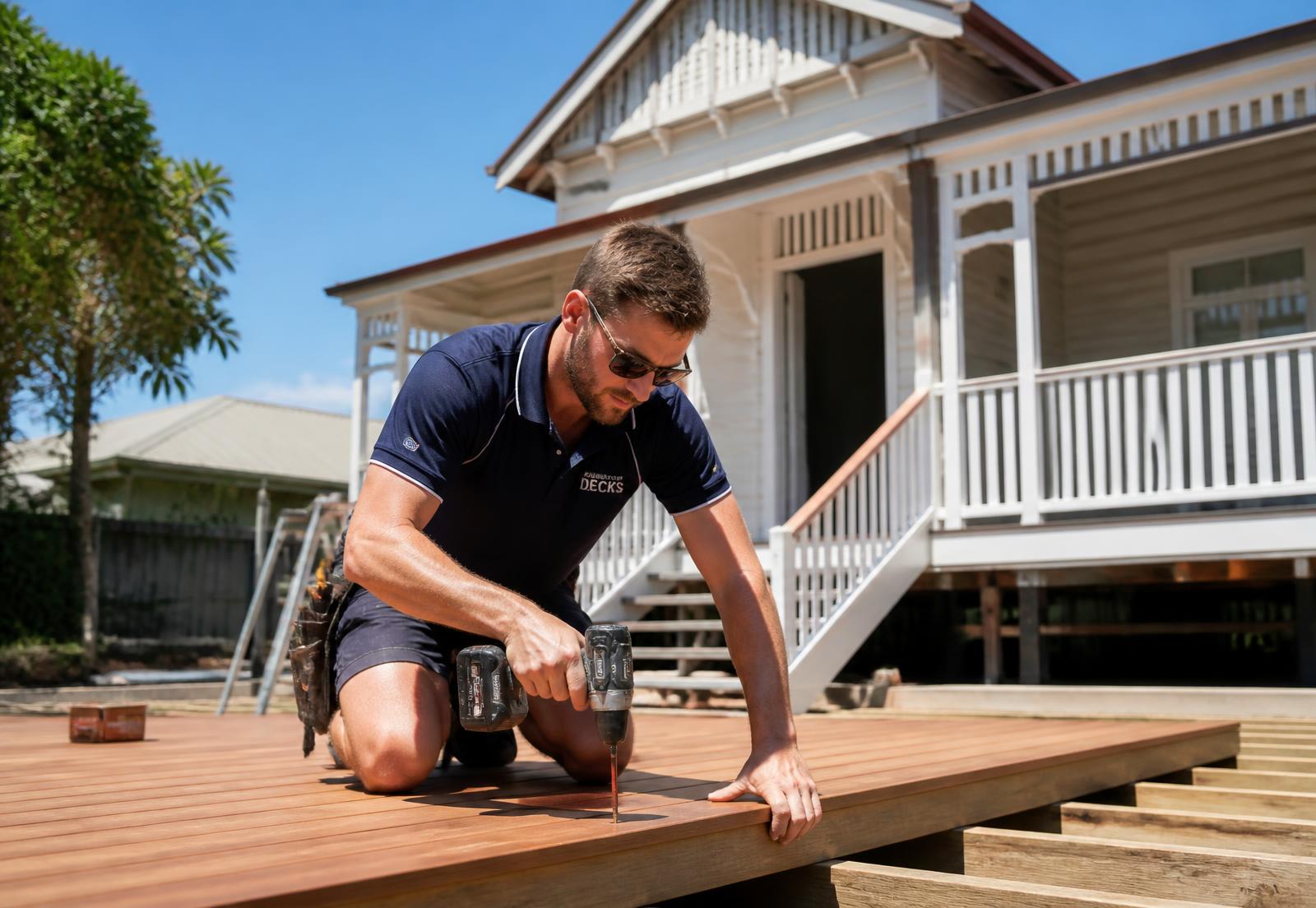 YPMG tradesman installing a new timber deck on a Brisbane home